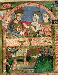 St. Radegund at the table of Clothar I (from the Life of St. Radegund) (detail)